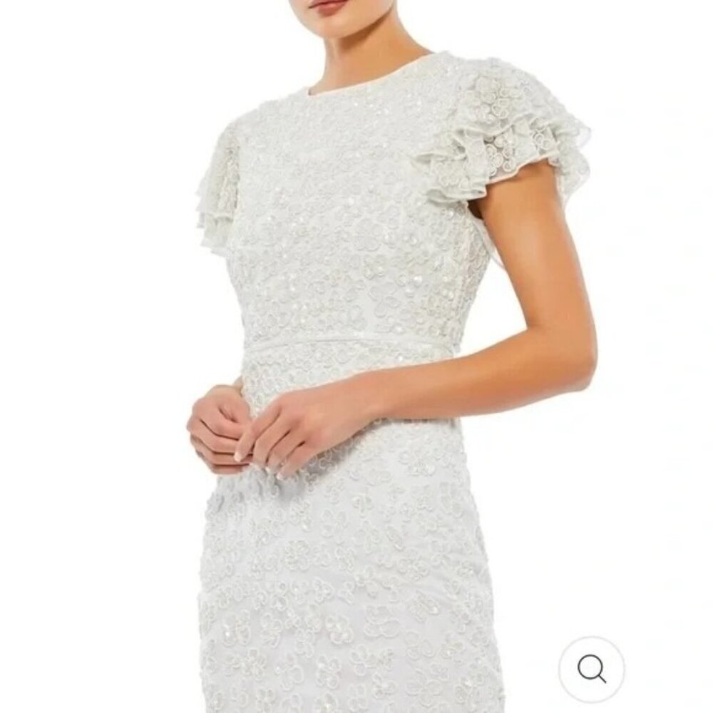 Mac Duggal 10827 White Floral Flounce Sleeve Midi Dress Sequins Beads Size 10 NE - Picture 2 of 8